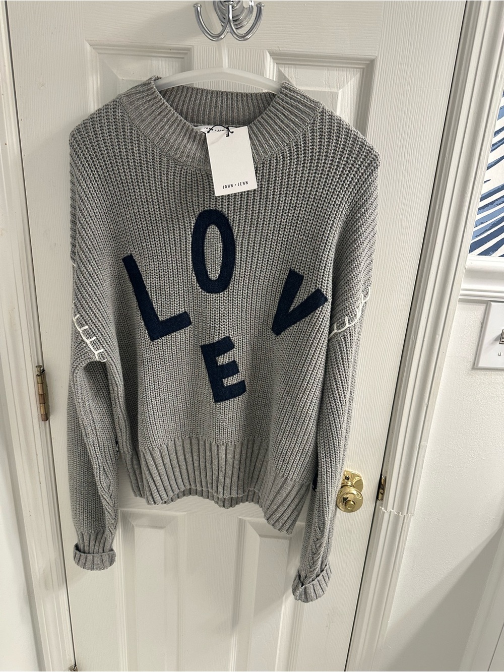 John + Jenn Gray Crewneck Sweater with Navy LOVE Letters Football emblem